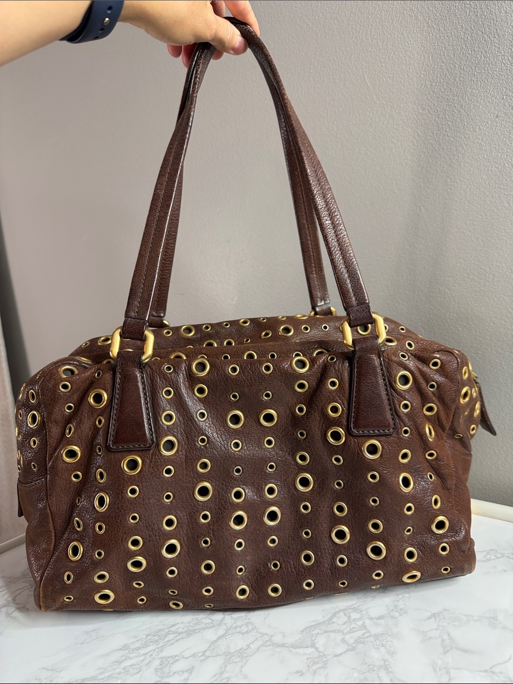 Prada Dark Brown Leather Grommet Satchel with Gold Hardware - Picture 3 of 12